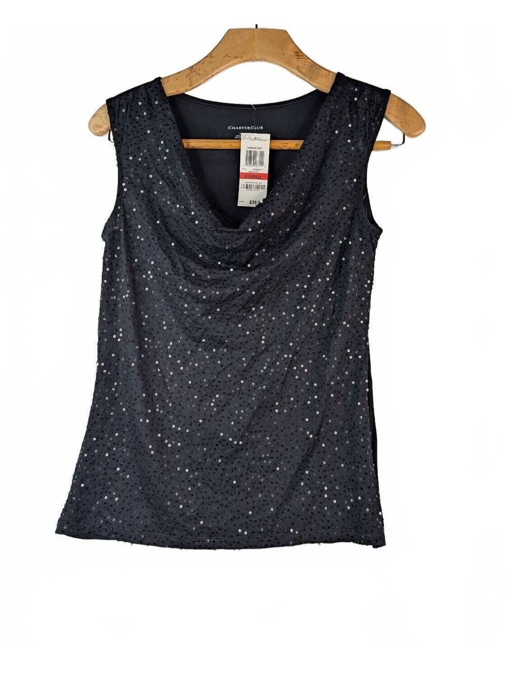 NWT Macy's Charter Club Sleeveless Cowl Neck Black Sequin Top Size XS